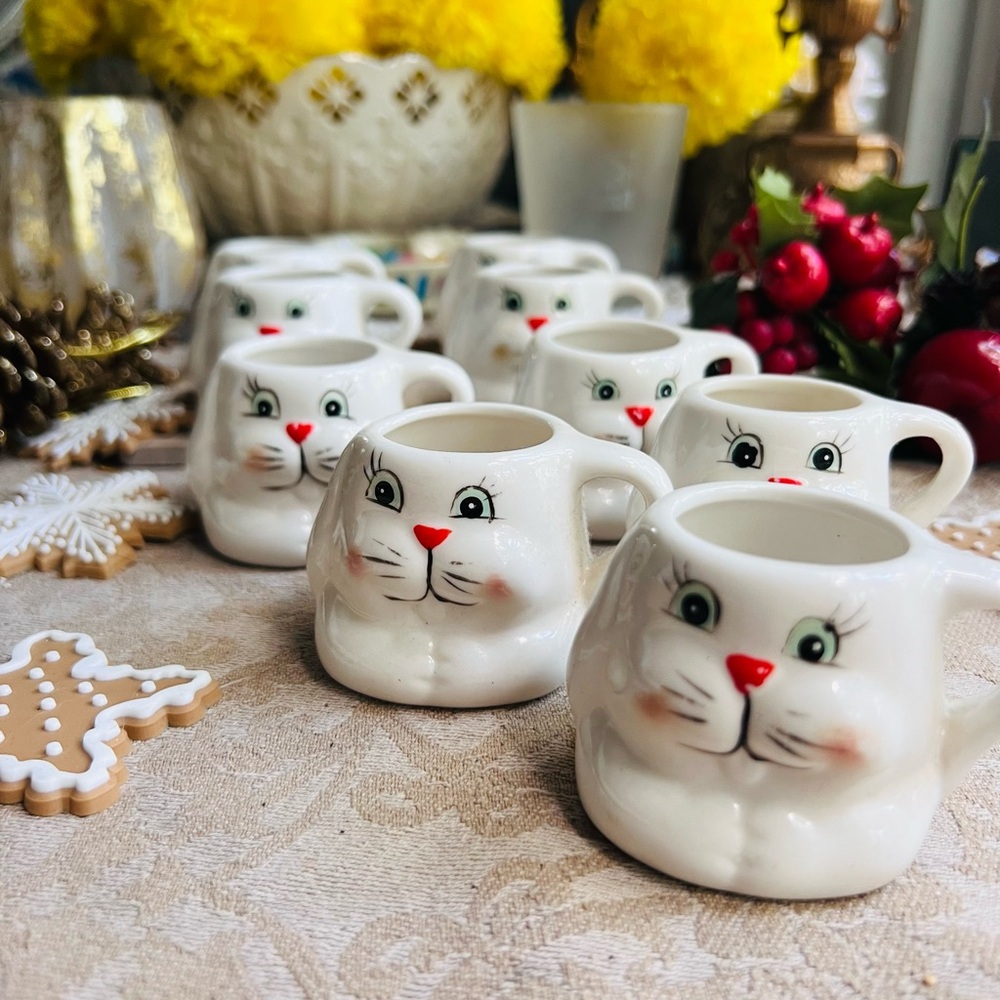 Adorable & festive Vintage White Animal face shot glass set of 9